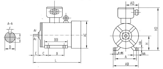 YBX3防爆電機(jī)B3安裝方式示意圖